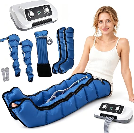 Pressotherapy and Lymphatic Drainage, 6-Cavity Pressotherapy Boots, Electric Air Compression Massager Machine, Lymphoedema Treatment for Legs, Lymphedema Pump (Blue, 2legs+2arms+1waist)