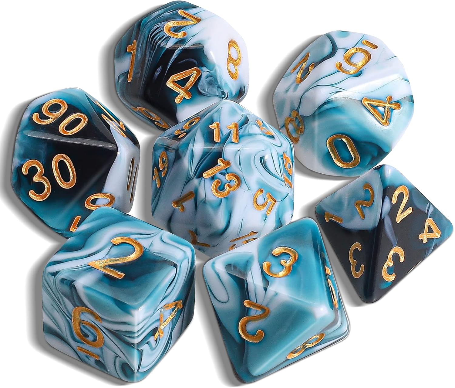 QMAY DND Dice Polyhedral Dice Set - 7 Pieces for Dungeon and Dragons MTG RPG D&D D20, D12, D10, D%, D8, D6, D4 (Cyan and White)