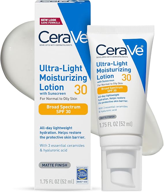 CeraVe Ultra-Light Moisturizing Lotion SPF 30, Sunscreen for Face, 1.7oz | Skin Care, Face Moisturizer, Hyaluronic Acid, Sunscreen Lotion, Facial Moisturizer, Oil Free, Matte Finish, Ceramides