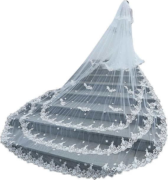 Wedding Veils Long for Brides 2 Tier Triple Lace Edge Long Blusher with Comb
