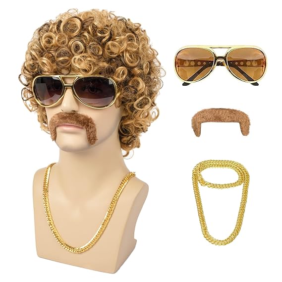 Mens Wigs, 70s Disco Wig for Men Short Curly Blonde Mixed Brown Synthetic hair Wigs for Halloween Costume Chrismas Cosplay Party (5 pieces set)
