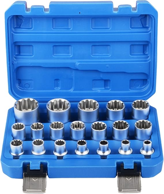 DAYUAN Spline Socket Set 1/2" Drive Universal Metric 8-32mm 12-Point Cr-V Socket Kit 19pcs