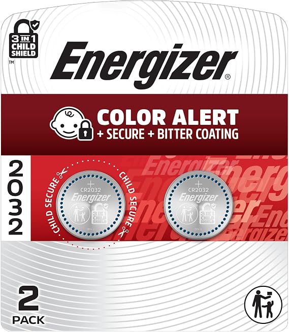 Energizer 2032 Batteries (2 Pack), 3V Lithium Coin Batteries with 3-in-1 Child Shield