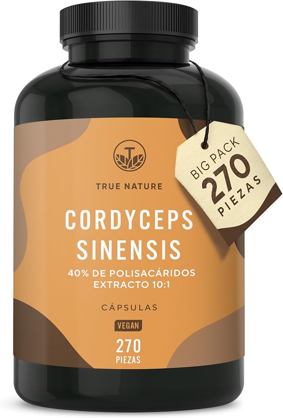 Cordyceps Sinensis cápsulas - 19500mg (10:1) alta dosis - 270 cápsulas - 207 g - con 40% de polisacáridos bioactivos - Testado en laboratorio - Vegano - TRUE NATURE