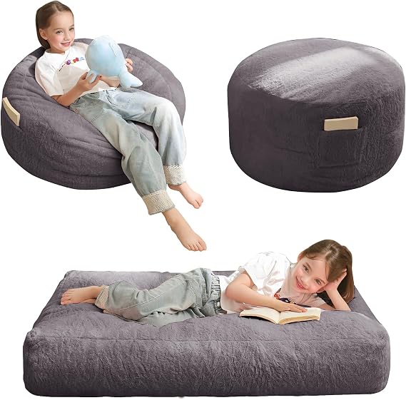 MAXYOYO Bean Bag Chair Bed for Kids, Convertible Bean Bag Sofa Couch Bed | Bean Bag from Lazy Chair to Floor Bed, Kids Stuffed Sofa with High-Density Foam, Machine Washable, Grey, Standard