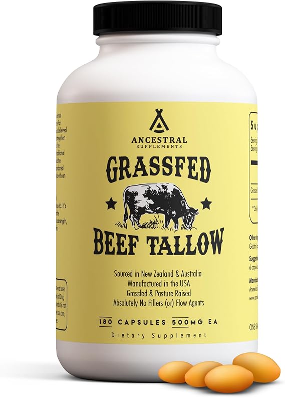 Ancestral Supplements Grass Fed Beef Tallow Capsules, Kidney Fat, 180 Ct