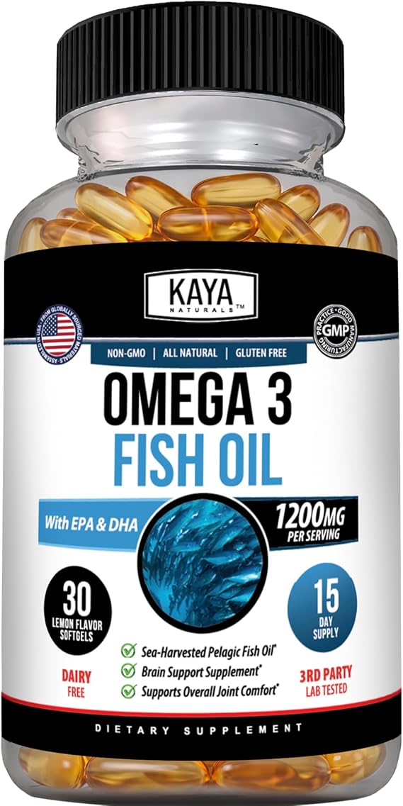 Kaya Naturals Omega 3 Fish Oil Supplement, 30 Count Softgels | Nature Made Omega-3 Fish Oil Supplement with EPA & DHA, Sea-Harvested Pelagic Fish Oil, No Fishy Aftertaste