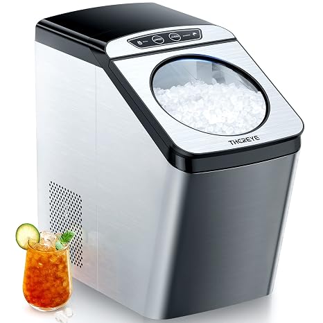 Thereye Countertop Nugget Ice Maker, Pebble Machine, 30lbs Per Day, 2 Ways Refill, 3Qt Water Reservoir & Self-Cleaning, Stainless Steel Finish for Home Office Party