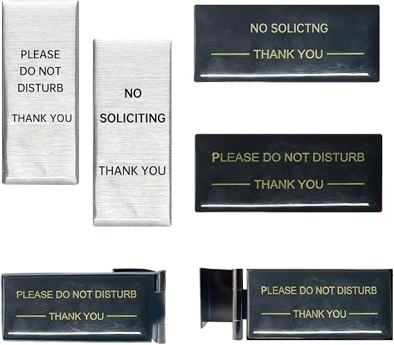 2 Pack No Soliciting Sign for Front Door, Easy Install, Retractable Universal Fitting Ring Doorbell, Dual Sign cover Do Not Disturb + No Soliciting, Fits Any Doorbell, Durable (Black, Silver)