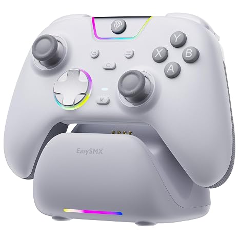 EasySMX X05Pro PC Controller with Charging Dock 1000mAh Hall Joysticks 1000Hz Quiet Buttons 2 Programmable Top Buttons Soft Grip 2-Stage Trigger RGB for PC/Switch/Android/iOS - White