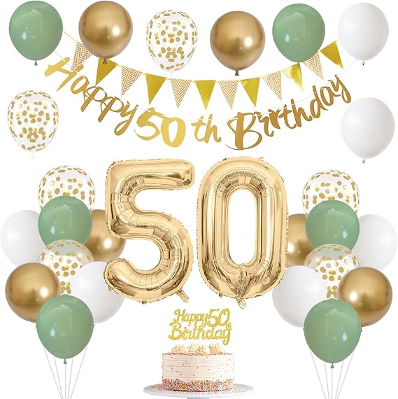 50th Birthday Decorations Women, Sage Green Gold Number 50 Party Balloons
