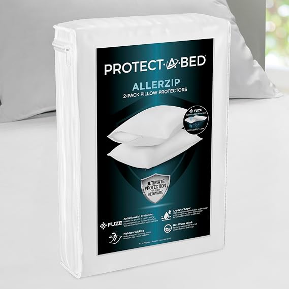 Protect-A-Bed AllerZip Waterproof Pillow Protectors, Standard (2 Pack)
