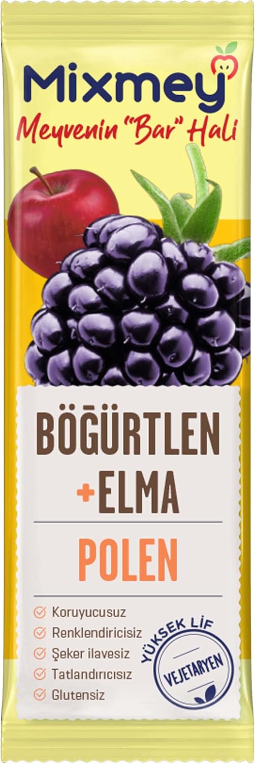 Mixmey Bee Böğürtlen Ve Polen Meyve Bar 12 Adet | Vejetaryen, Glutensiz Sağlıklı Atıştırmalık- 25gr X 12 Adet