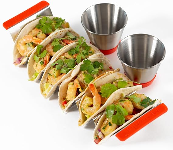 316 Stainless Steel Taco Holder Stand for 6 Tacos and 2 Sauce Cups, Premium Taco Rack with Silicone Handles, Taco Shell Holder, Stylish Rack Taco Tray, Oven & Dishwasher Safe, BPA free