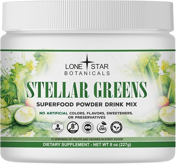 Lonestar Botanicals Superfood Greens, Refreshing Stellar Greens Drink, Organic Superfoods Blend, Revitalizing Elixir (No Artificial Colors, Flavors, Sweeteners, or Preservatives)