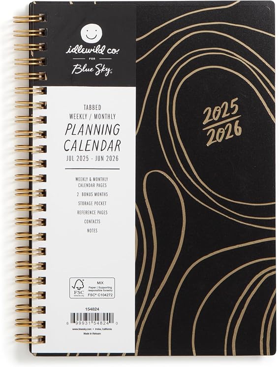 Blue Sky 2025-2026 Weekly & Monthly Academic Planner, 5"x8", Black Swirl | July 2025 - June 2026, Flexible Cover, Wirebound, Laminated Tabs, Storage Pocket, Academic Year, Idlewild