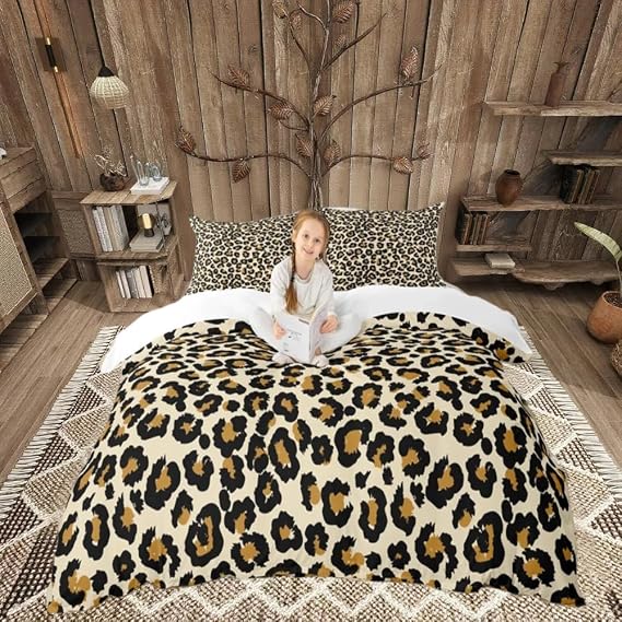 Loussiesd Women Leopard Print Bedding Set for Girls Adults Chic Cheetah Print Comforter Cover Brown Wild Animal Style Duvet Cover Room Decor Wildlife Design Bedspread Cover Double Size 3Pcs
