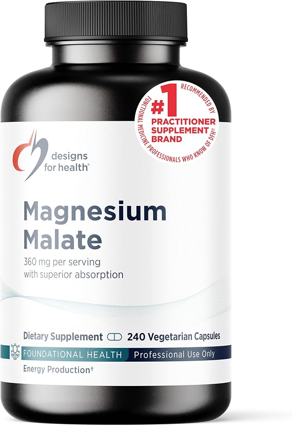 Designs for Health Magnesium Malate - Chelated Magnesium as Di Magnesium Malate - Highly Bioavailable Form to Support Energy, Bone Health + Muscle Recovery (240 Magnesium Malate Capsules)