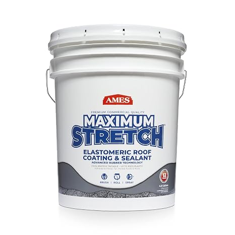 Ames Maximum Stretch - Waterproof Sealant Membrane - Perfect For Roofing, Repairs, Concrete, EPDM & Wood - Liquid Rubber Sealer - Up To 650% Elastic - Made in USA, White, 4.6 Gallon (Pack of 1)