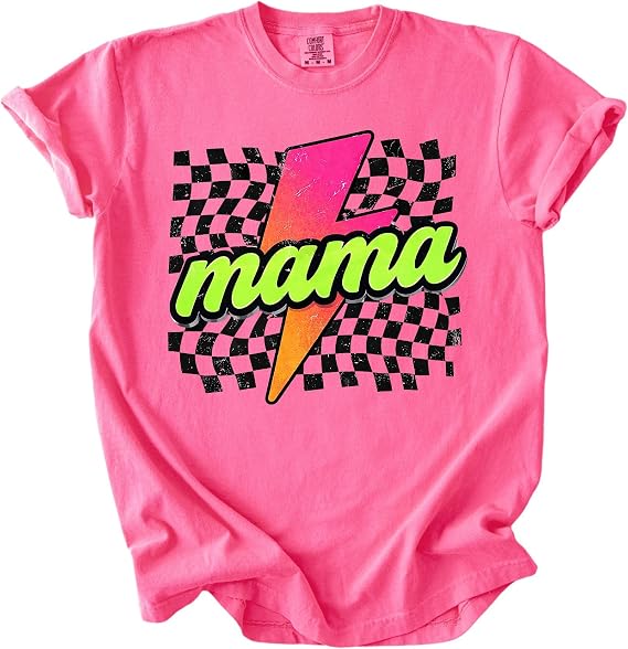 Daytee Mama Lightning Bolt Shirt Garment Dyed Retro Mama Tee Checkered Graphic Neon Mom Shirt Trendy Cool Mom Gift