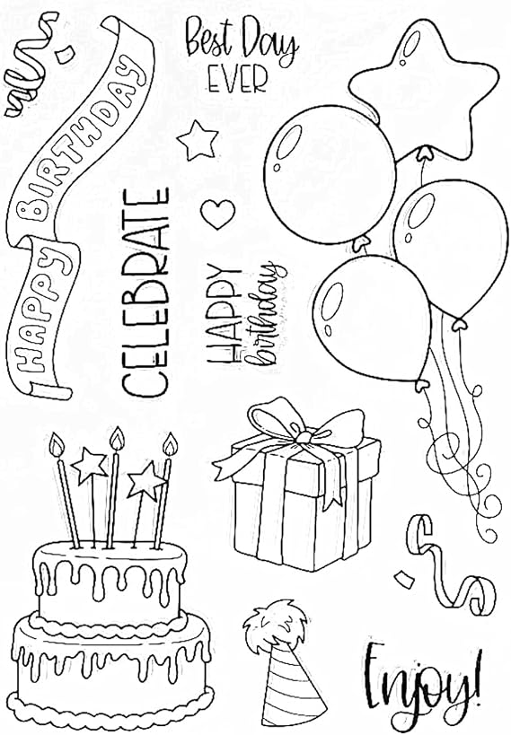 Birthday Cake Clear Stamps for Birthday Card Making or Journaling Birthday Gift Box Balloon Banner Silicone Rubber Stamps for Scrapbooking Albums Journals Paper Crafts