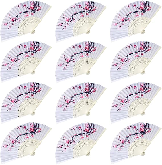 LYART 12PCS Delicate Cherry Blossom Design Silk Folding Hand Fan Wedding Favors Gifts,Fan Girls, Ladies, Church Wedding Gift, Party Favors, DIY Decoration Music Festival, Party, Parade