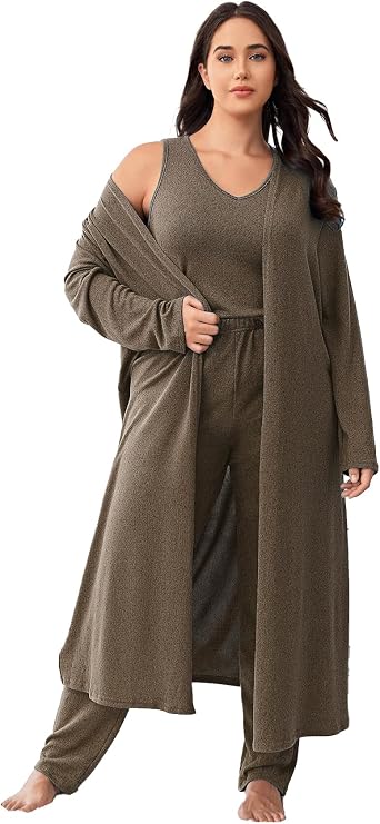 plus size 3 Piece Casual Cardigan Vest Pants Set, Women's Pajama Loungewear Set Casual Homewear Set