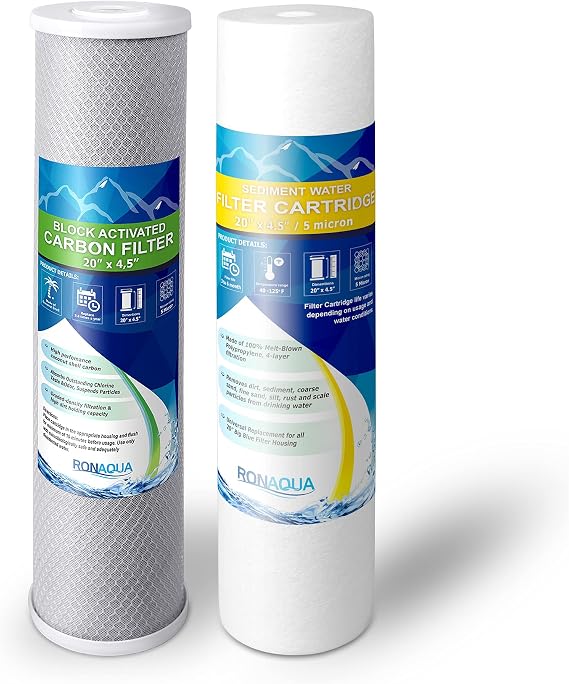 1 High Capacity Coconut Shell Carbon Block & 1 Big Polypropylene Sediment 5 Micron 4.5" x 20" Water Filter Cartridges for Universal Whole House System COMPATIBLE WITH: FC25BX4, 155358-43, DGD-5005-20