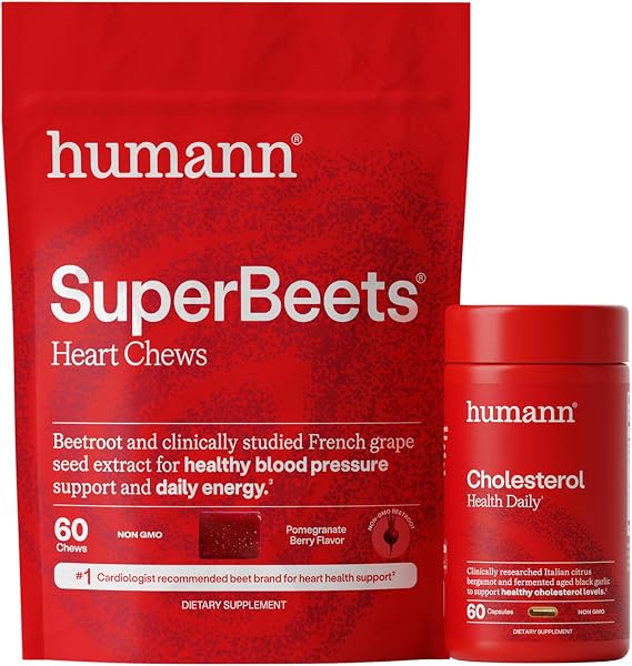 Humann SuperBeets Heart Chews & Cholesterol Health Daily Bundle, Blood Pressure and Cholesterol Support Supplements, 120ct