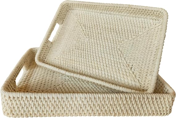 Rectangle Rattan- Handmade Serving Tray-Decorative Woven Ottoman-Trays with Handles for Coffee Table Natural Basket Wave Tray, L-11.7inch & H-2.3inch (White)