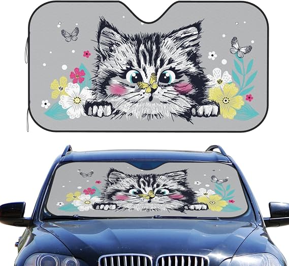 Car Windshield Sweet cat Kitten Head Sun Shade for Car Windshield Foldable Car Front Window Sunshade for Cars SUV Trucks Blocks Max UV Rays and Keeps Your Vehicle Cool-M