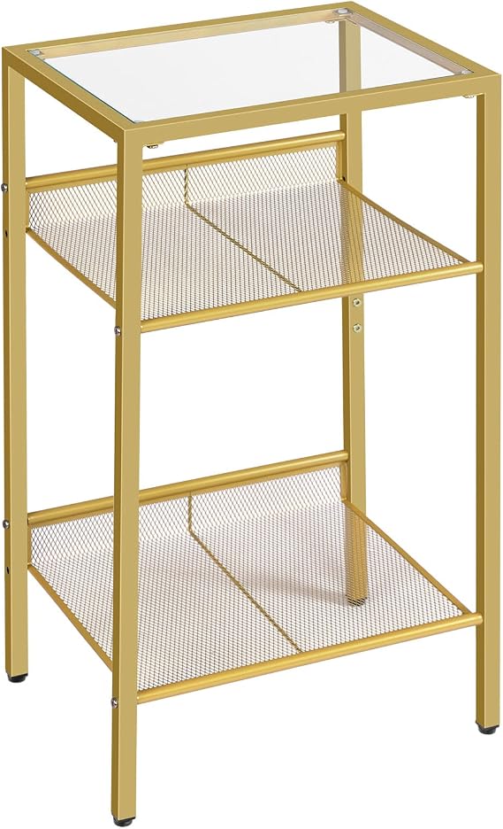 HOOBRO Gold Side Table, Tall Telephone End Table with Mesh Shelves, 3-Tier Nightstand with Tempered Glass Tabletop, for Living Room, Bedroom, Gold GD04DH01