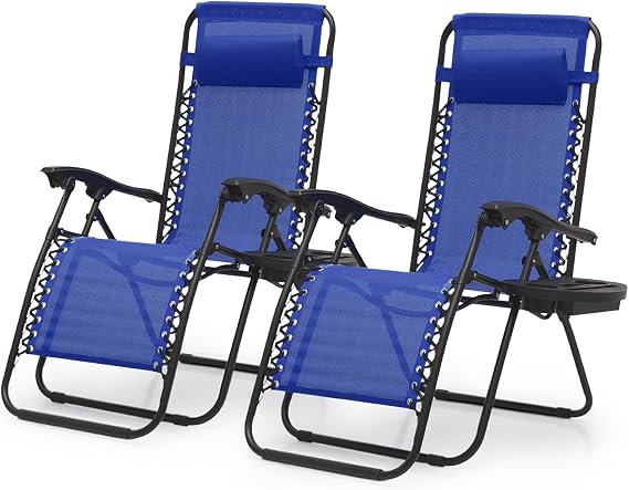 Magshion Zero Gravity Lounge Chairs Set of 2, Outdoor Patio Reclining Chair with Side Tray, Adjustable Anti-Gravity Recliners with Pillow Headrest, Folding Lounger for Lawn Camping Beach, Blue