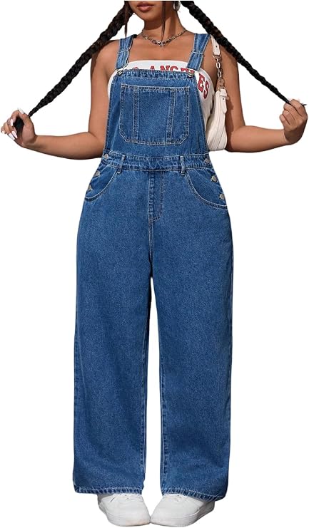 WDIRARA Women's Plus Size Denim Overall Straight Leg Jean Jumpsuit