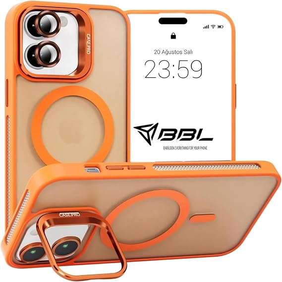 Babilden iPhone 11 İçin Kılıf Kamera Korumalı Magsafe İle Uyumlu Kablosuz Şarj Özellikli Mat Şeffaf Renkli Standlı Lens Hediyeli Telefon Kılıfı (Turuncu)