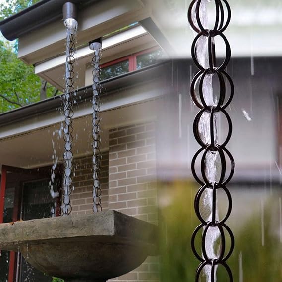 Rain chain kit,Rain Gutter Chain,Aluminum,double-ring,black,For Eaves Drainage,Gardens Patios & Hanging Ornaments 1.8m(6ft) Dark brown
