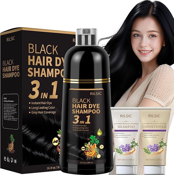 Black Hair Dye Shampoo, 500ML Hair Colour Shampoo 3 in 1, Herbal Natural Instant Color Shampoos -100% Grey Hair Coverage, Dye Shampoos Coloring in Minutes for Women Men