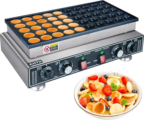 KHTD Mini Pancake Maker Machine, 50PCS Electric Nonstick Dutch Pancake Maker 110V 1600W, Commercial Muffin Maker with 2 Thermostats & 2 Timers Separate Control for Home Restaurant (12"D21"W7"H)