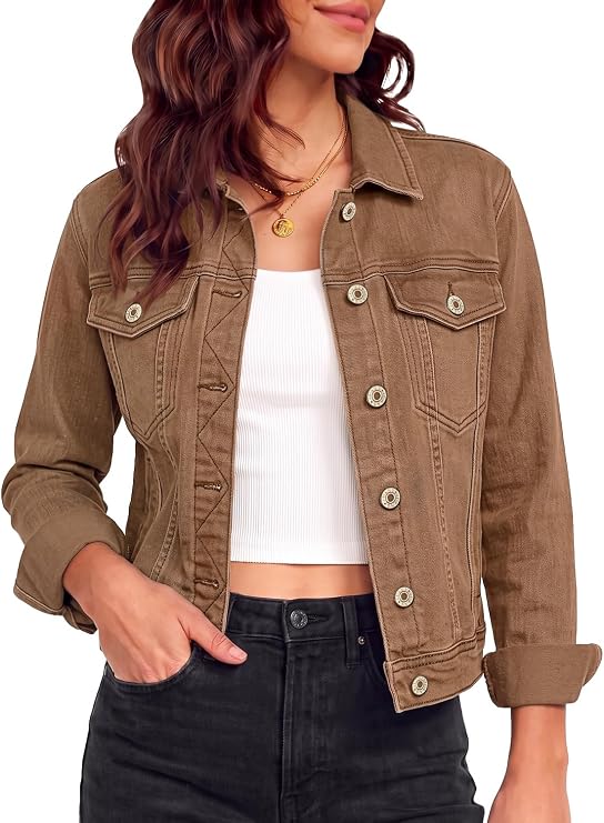 Vetinee Womens Stretch Button Down Long Sleeve Pockets Denim Jean Trucker Jacket