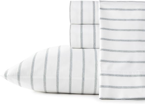 Stone Cottage - Queen Sheets, Cotton Percale Bedding Set, Crisp & Cool Home Decor (Trenton Stripe Green, Queen)