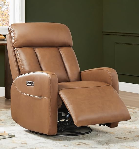 CHITA Genuine Leather Power Recliner Chair, Swivel Rocker, Saddle Brown | Electric Triple Motor Rocker Recliner for Living Room with Adjustable Headrest / Lumbar Support, USB & Type-C Charging Ports