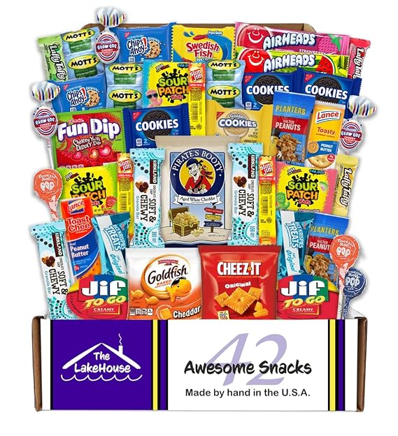 Snacks Variety Pack for Kids - 42 Count Snack Gift Basket by The LakeHouse | Snack Packs Variety Box - Camp Care Package Girl or Boy - Salty Sweet Snack Box with Candy