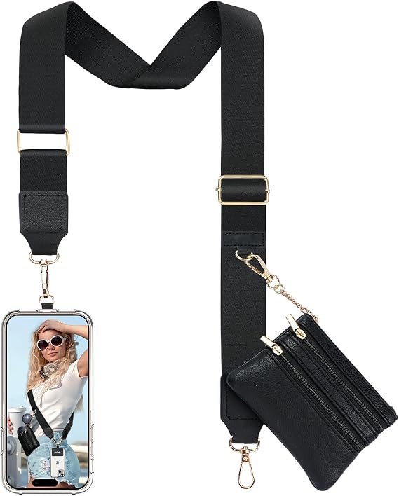 TiMOVO Clip and Go Phone Strap Crossbody with Leather Wallet, Adjustable Anti-Theft Lanyard with Pouch for Most Phone Case