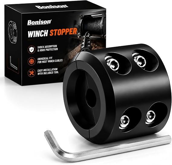 Bonison Winch Stopper for Cable. Truck UTV ATV Rubber Winch Cable Stopper | Rubber Rope Line Saver for Steel Cable or Synthetic Winch Rope; Includes 4 Screws, Nuts, Washers and Allen Wrench