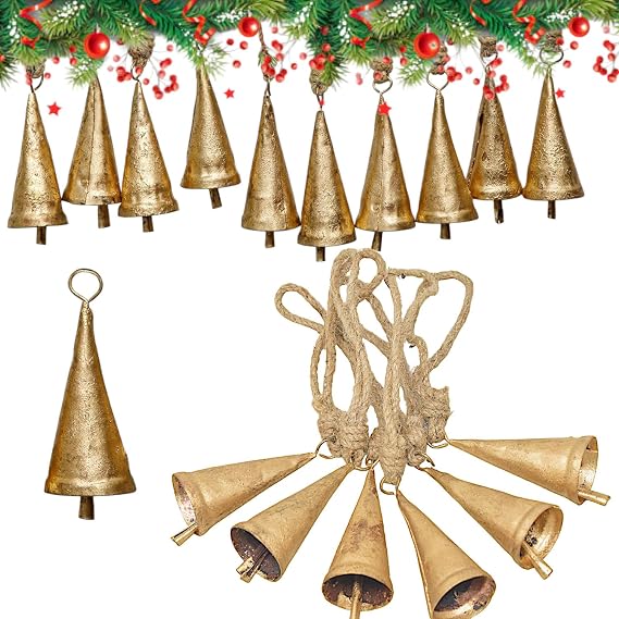 Christmas Bells for Decoration Set of 6 Rustic Cow Bells for Hanging with Jute Rope Gold Bells for Crafts - Tree Decoration Ornaments