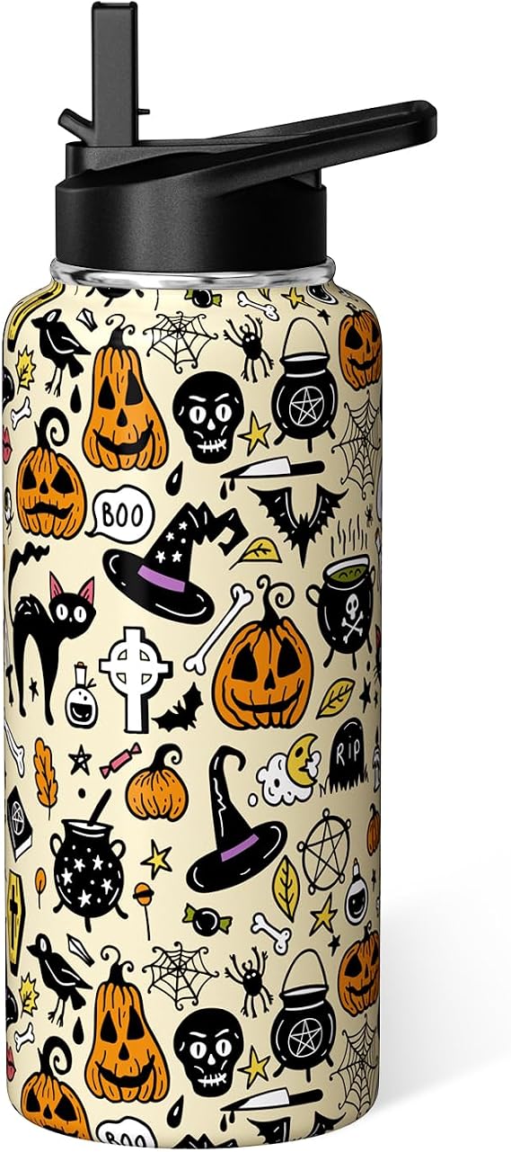 Halloween Water Bottle 32oz Pumpkin Sports Bottles with Flip Straw Halloween Gifts for Women Men Stainless Steel Cup Tumbler Spooky Gift for Adults