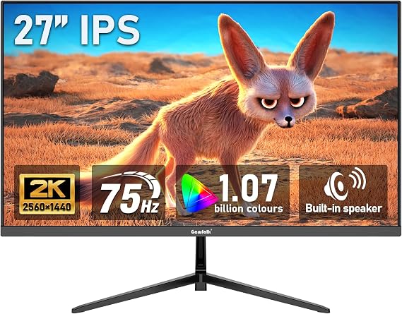 Gawfolk 27 inch IPS 2K QHD (2560×1440) Computer Monitor 75Hz Gaming PC Screen, 1ms，Adaptive Sync,100% sRGB, 1.07 Billion Colours,DisplayPort 1.4、 HDMI2.0, Built-in speaker- Black
