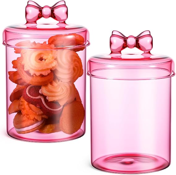 2 Pack Glass Candy Jar Storage Containers with Airtight Lid 30 oz Cute Food Storage Organizers for Hot Cocoa Bar Supplies, Overnight Oats,Kitchen Cookies,Coffee Beans,Dry Goods,Tea(Pink Bow)