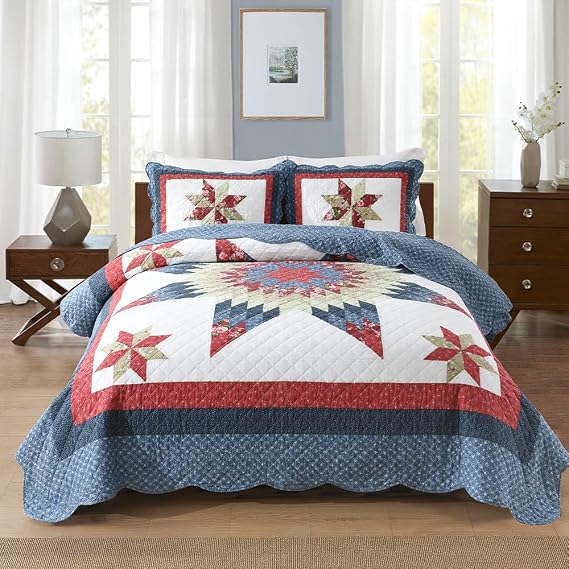 Cotton Quilt Bedding Sets 3 Pieces Soft Reversible Coverlets Luxury Star Handmade Real Patchwork Red Blue Bedspread, King Size