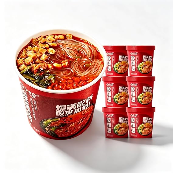 6pk Hot Sour Glass Noodle Cups 42oz, Szechuan Vermicelli Quick Lunch Dinner